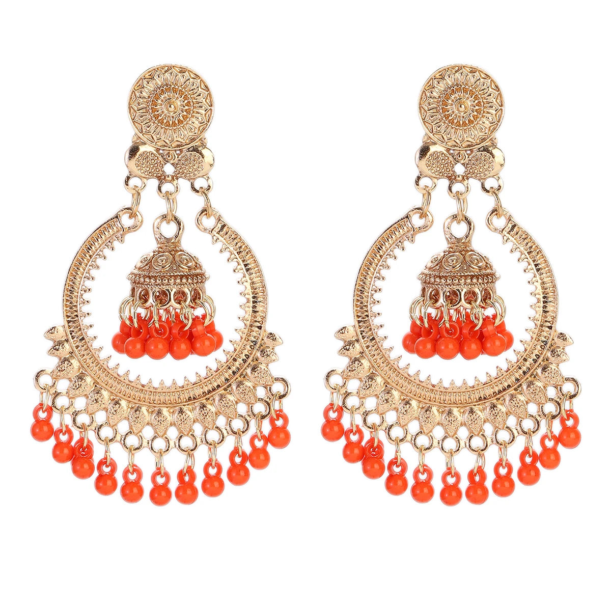 Boucles d’Oreilles Jhumka Indiennes – Cœur Doré, Perles & Pompon – Style Vintage Éthnique