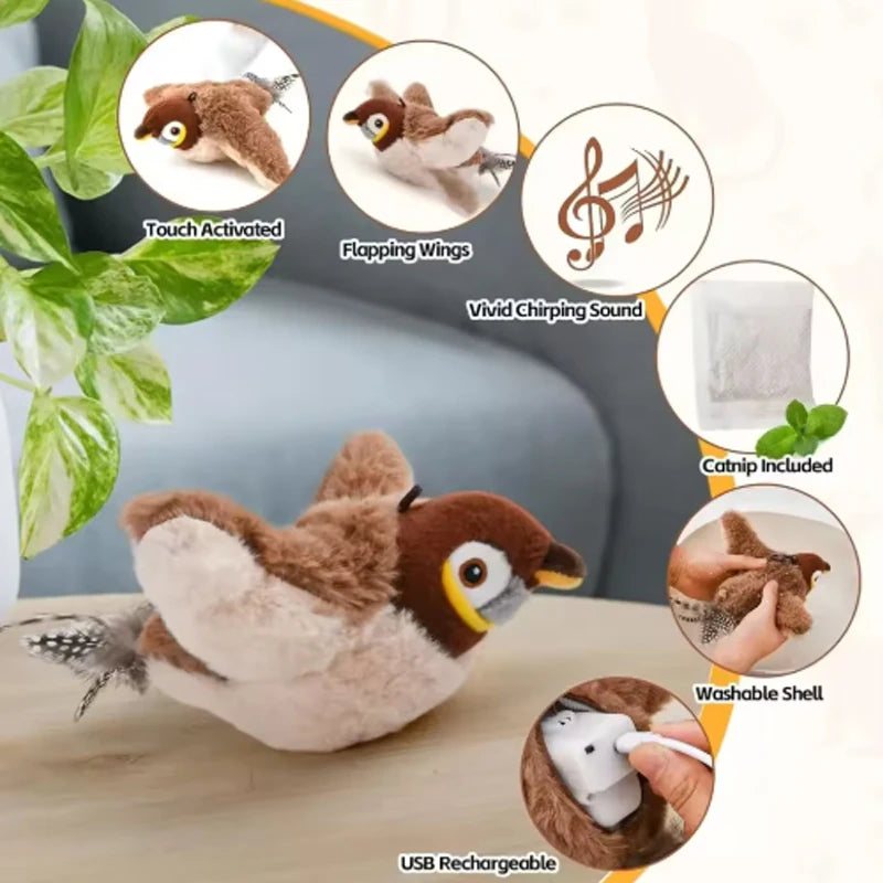 Oiseau simulé interactif rechargeable pour chat et chien — chant et battement d'ailes