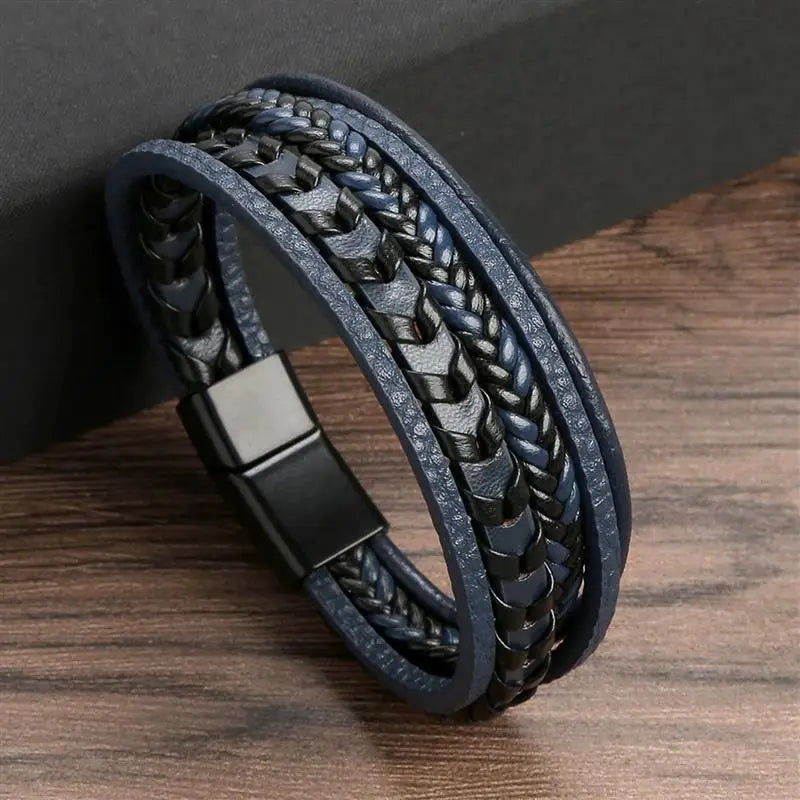 Bracelet en Cuir Multicouche Homme – Style Punk Classique | Tissé à la Main • Boucle Magnétique