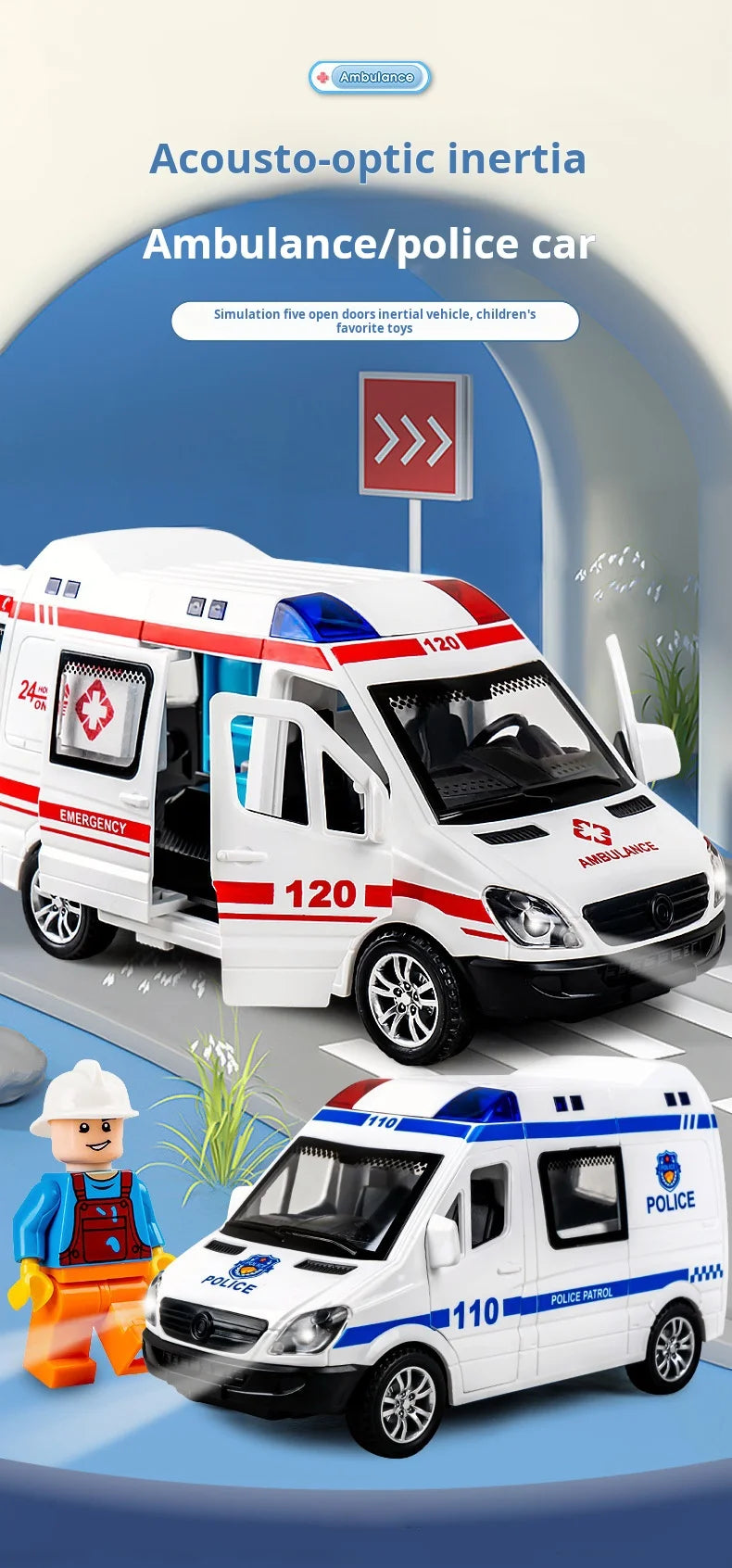 Mini Véhicule d’Urgence 1:32 en Alliage – Ambulance / Police (Son & Lumière)