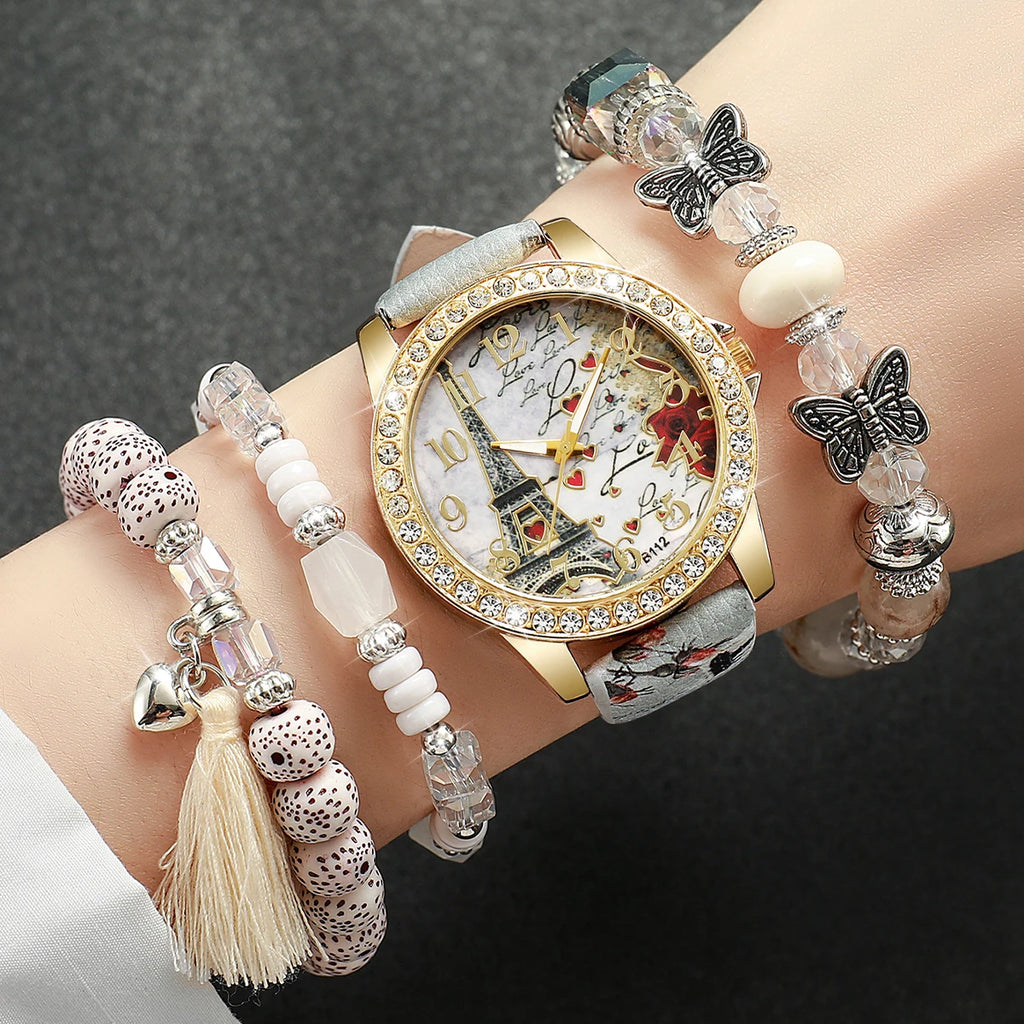 Ensemble Montres & Bracelets Strass – Fleurs & Cuir – Femme (3 / 4 / 5 pièces)