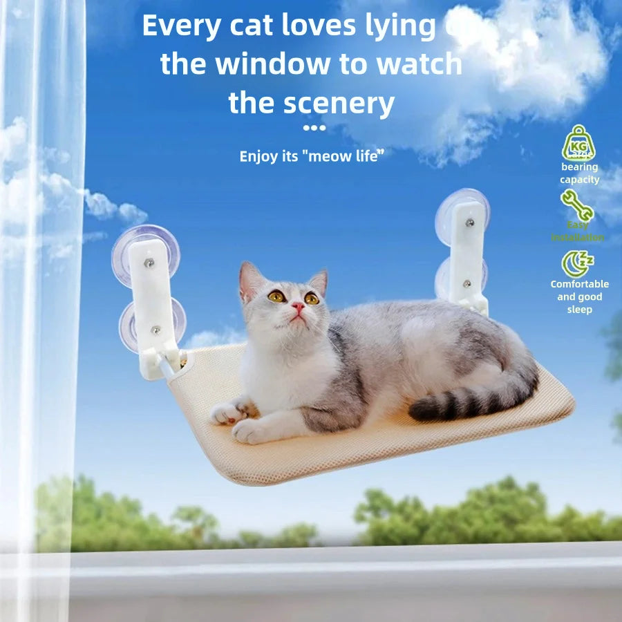 Hamac de fenêtre pliable en mesh pour chat — sans montage, double ventouse