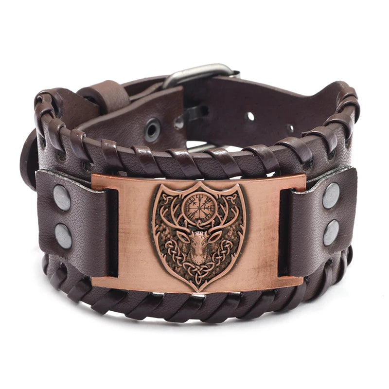 Bracelet Viking Homme – Cuir Tressé & Rune Nordique | Boussole & Dieu Oiseau